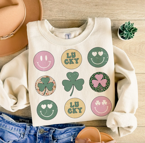 9 Smiley Faces & Shamrocks T-Shirt or Crew Sweatshirt