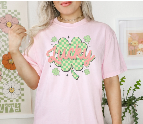 Lucky Checkered 4 Leaf Clovers T-Shirt or Crew Sweatshirt