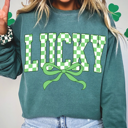 Checkered Lucky & Bow T-Shirt or Crew Sweatshirt