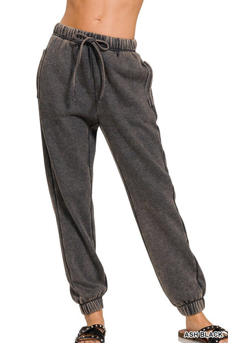 Zenana Ash Black Acid Wash Fleece Jogger Sweatpants With Pockets