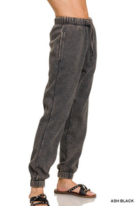 Zenana Ash Black Acid Wash Fleece Jogger Sweatpants With Pockets