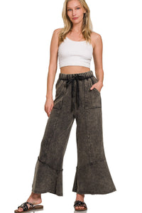 Zenana Ash Black Exposed Seam Flare Hem Pants With Pockets