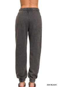 Zenana Ash Black Acid Wash Fleece Jogger Sweatpants With Pockets