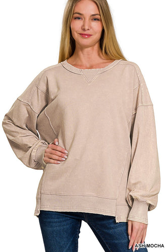 Zenana Ash Mocha French Terry Acid Wash Pullover