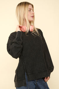 New In Black Mineral Washed French Terry Oversized Knit Top