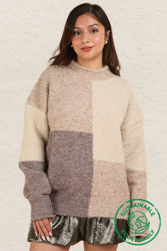 Very J Cream & Brown ECO Oversized Color Block Cozy Knit Sweater Top