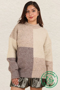 Very J Cream & Brown ECO Oversized Color Block Cozy Knit Sweater Top