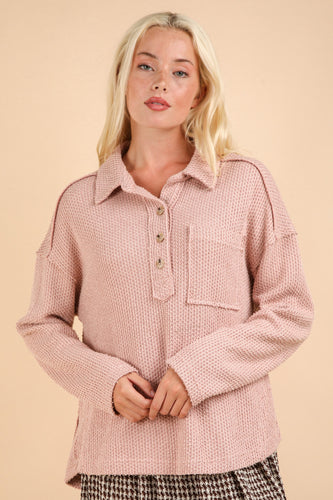 New In Blush Pink Half Button Down Collared Textured Henley Knit Top