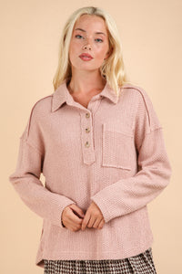 New In Blush Pink Half Button Down Collared Textured Henley Knit Top