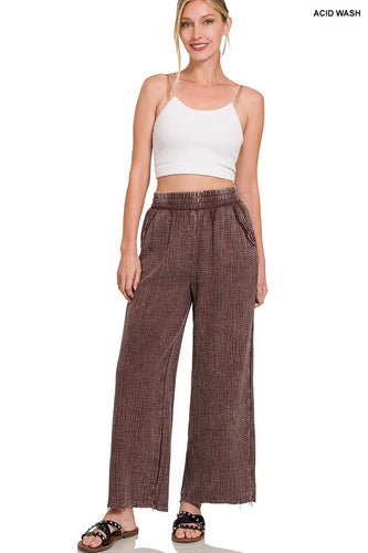 Zenana Mahogany Brown Washed Double Gauze Elastic Band Waist Pants