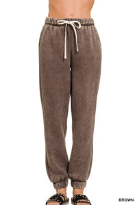 Zenana Brown Acid Wash Fleece Jogger Sweatpants