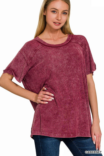 Zenana Maroon Red Washed Ribbed Short Sleeve Boat-Neck Top