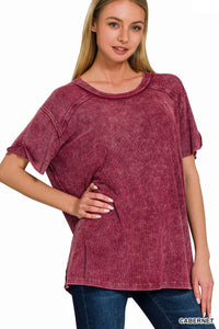 Zenana Maroon Red Washed Ribbed Short Sleeve Boat-Neck Top