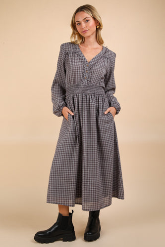 New In Cocoa Smocking Long Sleeve Frayed Plaid Midi Dress