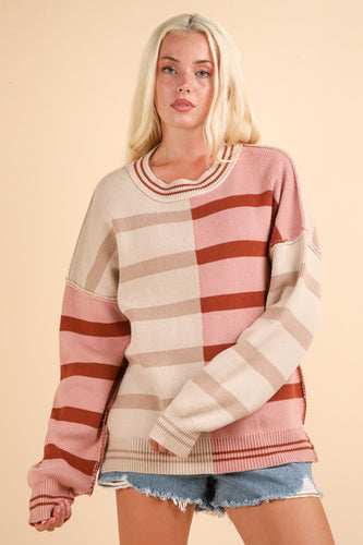 New In Red & Pink Color Block Oversized Striped Knit Sweater Top