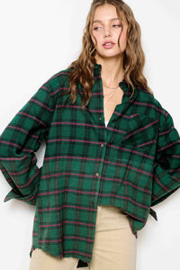 La Miel Green Raw Edge Two-Tone Wash Button Down Plaid Shirt