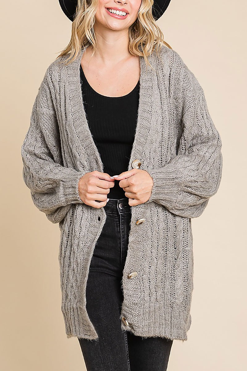 Grey V-Neck Cable Knit Oversized Cardigan Sweater