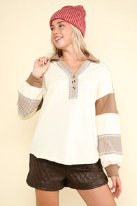 New In Ivory & Brown Color Block Oversized Casual Knit Top