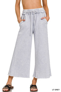 Zenana Light Grey Acid Wash Fleece Palazzo Sweatpants With Pockets