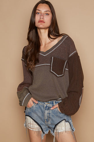 POL Chocolate Brown V-Neck Contrast Knit Color Block Top