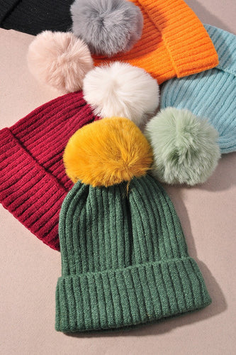 Solid Color Pom Pom Two Tone Beanie