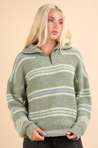 New In Sage Green Multi Color Striped Half Zip Up Knit Sweater Top