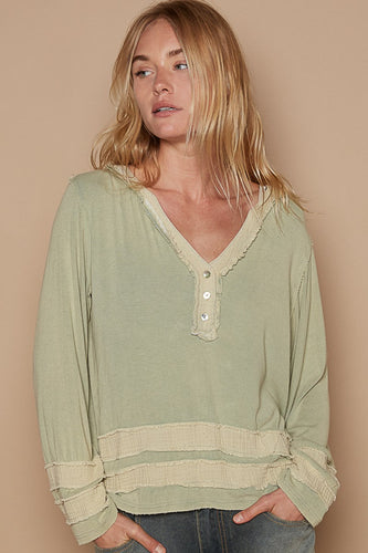 POL Sage Green Long sleeve contrast gauze strap detail top