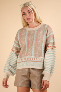 New In Sage Oversized Cozy Aztec Graphic Knit Sweater Top