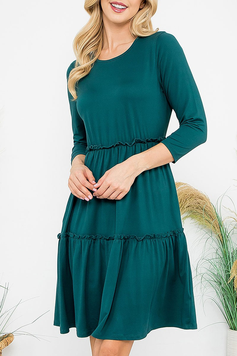 Deep Teal Ruffle Tier 3/4 Sleeve Dress