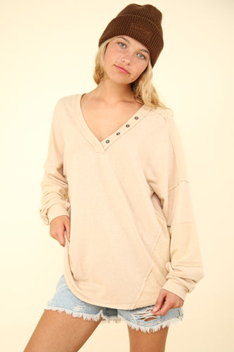 New In Beige Washed Knit V-Neck Oversized Top