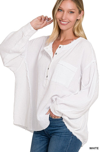 Zenana White Double Gauze Oversized 3/4 Button Henley Top