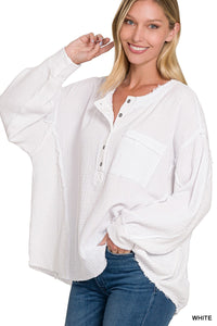 Zenana White Double Gauze Oversized 3/4 Button Henley Top